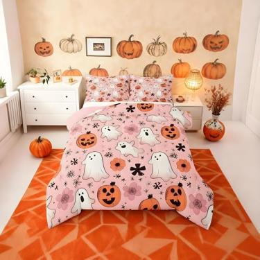 Imagem de jejeloiu Conjunto de edredom para todas as estações, decoração de Halloween, fantasma, desenho animado, 2 fronhas, abóboras, microfibra, roupa de cama casal, assustadora, decoração de Halloween