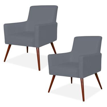 Imagem de Kit 02 Poltronas Decorativas Para Sala de Estar e Recepção Maria W01 Pés Palito Corino Cinza - Lyam Decor