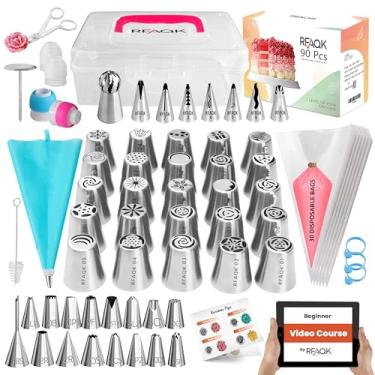 Imagem de RFAQK Conjunto de 90 pontas de confeitar russas, inclui 31 sacos de confeitar e 49 pontas de confeitar (25 pontas russas, 16 pontas de cobertura, 7 babados/pontas coreanas, 1 ponta de bolo) e curso de