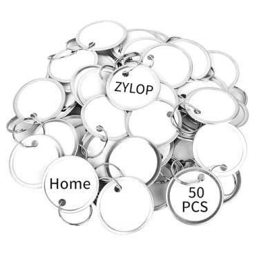 Imagem de Etiquetas de chave de 2,5 cm com anel – Pacote com 50 etiquetas redondas para chaveiro, etiquetas de papel branco com bordas de metal e anéis divididos, identificadores de item chave leves e