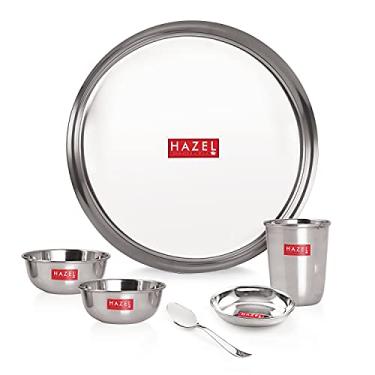 Imagem de HAZEL Conjunto de jantar de aço inoxidável com 6 peças | Conjunto de jantar de aço (1 prato de aço, 1 copo de aço, 2 tigelas, 1 colher, 1 prato de sobremesa) 6 peças