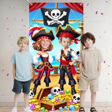 Imagem de HOMETITUTE Banner de porta de foto pirata pano de fundo de navio pirata baú de tesouro moedas caveiras pedras aventura crianças decoração festa de aniversário foto fundo tema suprimentos internos ao