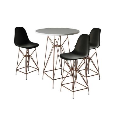 Imagem de Jogo Mesa Bistrô Eames Branca 60Cm 3 Banquetas Preta Base Ferro Cobre - Cor: Branco