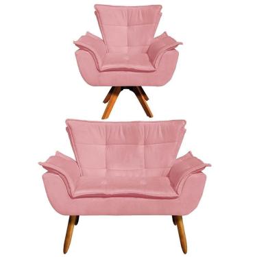 Imagem de Kit Namoradeira 2 Lugares E 1 Poltrona Decorativa Giratória Madeira Opla Suede Rose - Ibiza