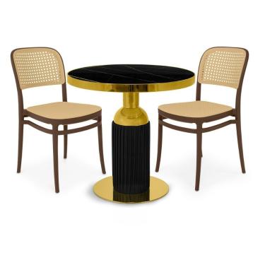 Imagem de Conjunto Mesa De Jantar Redonda Imperial 70cm Preta Com 2 Cadeiras Roma - Marrom