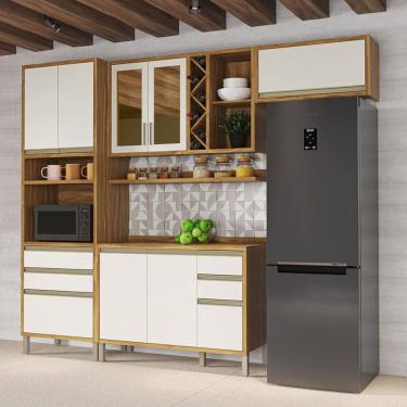 Imagem de Armário de Cozinha com Balcão e Tampo 8 Portas 5 Gavetas Pérola 100% Mdf Vidro Reflecta Amêndoa/Off White - Pnr Móveis