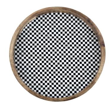 Imagem de Lahumzco Bandeja de servir redonda de madeira – Padrão xadrez preto e branco de 30,5 x 30,5 cm com corte na alça – Bandeja decorativa feita à mão para mesa de café, cozinha, otomano, café da manhã e