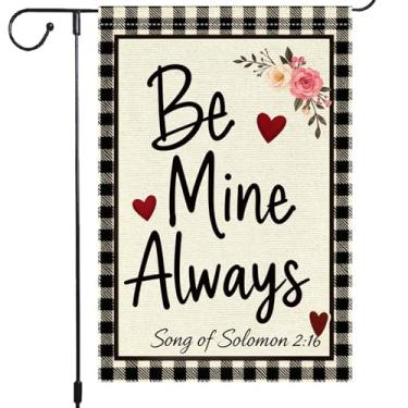 Imagem de Bandeira de jardim de dia dos namorados 30 x 45 cm bandeira de serapilheira dupla face Be Mine Always romântica floral coração búfalo xadrez decoração ao ar livre para quintal e pátio