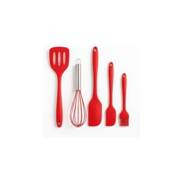 Imagem de Kit Utensílios de Cozinha em Silicone, 5 Peças, Pincel, Batedor, Espátulas, Vermelho e Preto, Resistente ao Calor, Material Premium para Cozinha