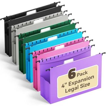 Imagem de Ansook Pastas de arquivo de plástico tamanho ofício, pasta de arquivo expansível de 10 cm resistente com abas de 1/5, pacote com 6 pastas suspensas sanfonadas de capacidade extra, pasta de armário de