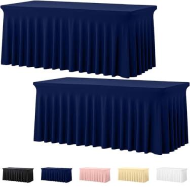 Imagem de Deep Dream Pacote com 2 toalhas de mesa de elastano azul marinho para mesas retangulares de 2,3 m, sem rugas, 2,8 m, toalha de mesa elástica para festas, banquetes, casamentos e eventos