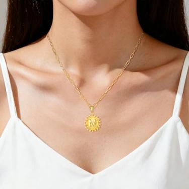 Imagem de Colar de letra A a Z para mulheres Boho Sunburst pingente de moeda com borda frisada alfabeto monograma corrente para camadas todos os dias, F, Aço inoxidável, Sem Pedra Preciosa