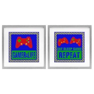 Imagem de Stupell Industries Gamer Quotes with Stripes 2 Peças Impressão Emoldurada Cinza Conjunto de Vidro Design por Marcus Prime, 13 x 13