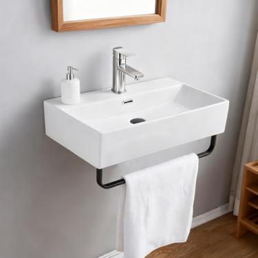 Imagem de Lavatório de vaso de parede de 51 x 35 cm com toalheiro para banheiro, pia pequena flutuante moderna pendurada na parede, pia de cerâmica retangular moderna