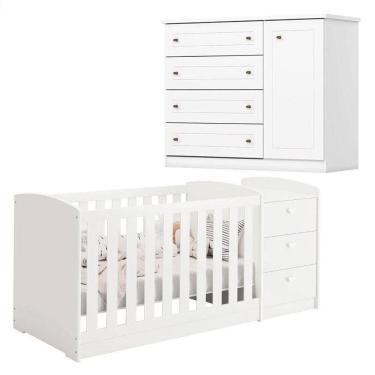 Imagem de Berço Multifuncional Atlanta E Cômoda Infantil Americano Branco Fosco Henn - Reller
