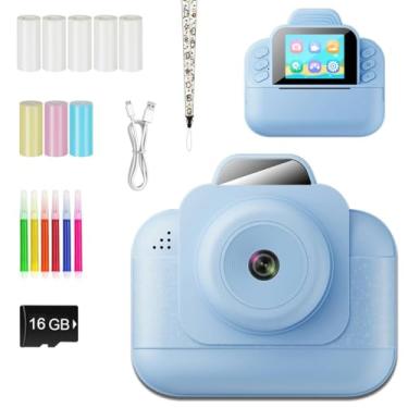 Imagem de Kit de Câmera Infantil, Incluindo 5 Rolos de Filme, 3 Rolos de Filme Colorido, Cartão de Memória de 16 GB, Lápis de Cor, Cordão e Função de Impressão Instantânea (Azul)