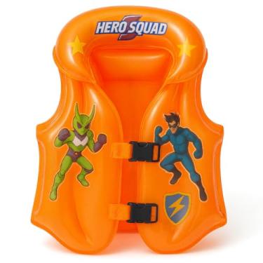 Imagem de Colete Inflável Boia Infantil Esquadrão De Heróis Com 2 Travas Praia Piscina Menino Menina (Laranja)