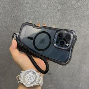 Imagem de Capa de celular com alça magnética transparente neon e cordão para iPhone 16, 15 Plus, 14, 13, 12 e 11Pro Max, à prova de choque, preta, para iPhone 13 Pro Max