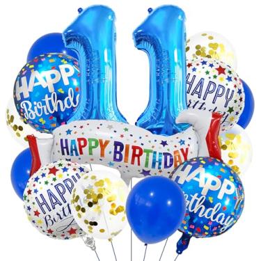 Imagem de Balões azuis número 11. Balões de alumínio grandes de aniversário azul escuro, balões coloridos de 11º aniversário para decoração de festa de aniversário de 11 anos para meninos de 11 anos (azul 11)