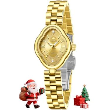 Imagem de OLEVS Relógio feminino elegante dourado luxuoso de aço inoxidável à prova d'água luminoso, L5666: pulseira dourada e mostrador dourado, Minimalista