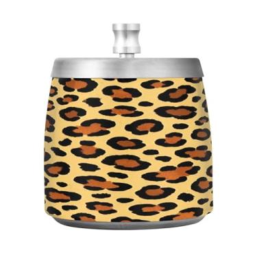 Imagem de Qilmy Cinzeiro de aço inoxidável padrão de pele de leopardo com tampa - Cinzeiro de cigarro à prova de vento sem cheiro sem fumaça para casa, escritório, carro, pátio, varanda (uso interno e externo)