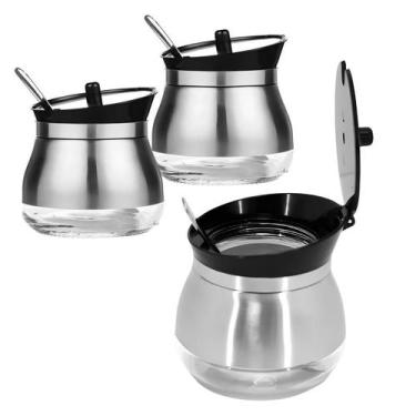 Imagem de Kit 2 Açucareiro Com Colher Revestido Aço Inox E Vidro Restaurante 300