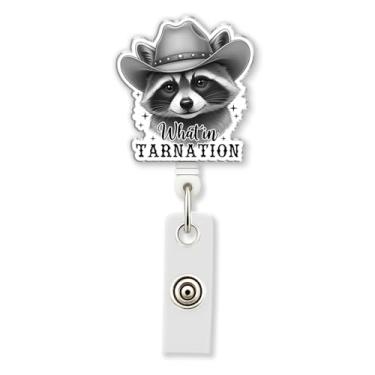 Imagem de HOSALA What in Carretel de crachá com clipe jacaré, suporte de crachá de identificação ABS de guaxinim engraçado para sala de aula, acessórios de meme de guaxinim panda de lixo para família, amigos e