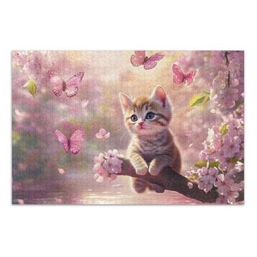Imagem de Quebra-cabeça de flor de cerejeira de gato fofo 500 peças adultos família elefante branco presentes quebra-cabeça cena de outono pintura de belas artes, 20,5 x 14,9 polegadas