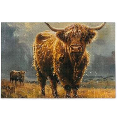 Imagem de Quebra-cabeças para adultos com pintura personalizada de gado highland bull, 500 peças, decoração, pintura, cena, inverno, quebra-cabeças presentes para amantes de quebra-cabeça, 52 x 37,8 cm