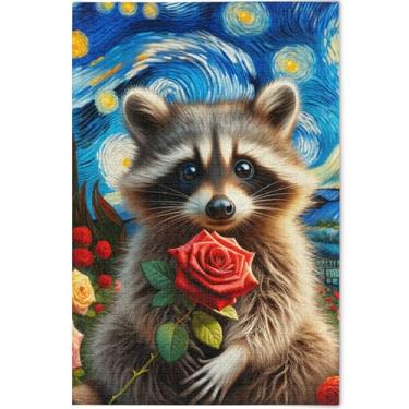 Imagem de Quebra-cabeça personalizado com flores rosas, guaxinim, noite estrelada, 1000 peças, para adultos, jogo de arte, família, divertido, quebra-cabeça, amantes, elefantes brancos, presentes, 75 x 50 cm