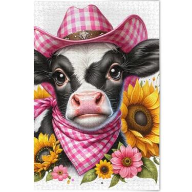 Imagem de Quebra-cabeças personalizados de vaca e girassóis para adultos, 1000 peças, desenhos animados, arte animal, quebra-cabeças rígidos para adultos, amigos, família, jogos, presentes, 75 x 50 cm