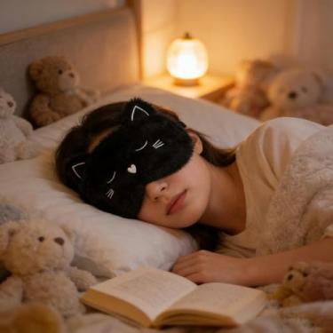 Imagem de 1 peça linda máscara de dormir 3D para filhotes, máscara blackout divertida para olhos, adequada para viagens e sonecas (preto)