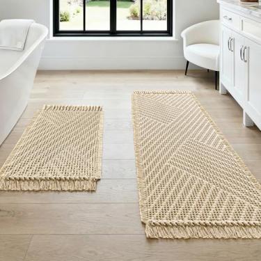 Imagem de H.VERSAILTEX Tapete de banheiro waffle super absorvente boho tapete de banho antiderrapante para banheiro lavável na máquina tapetes de banheiro secagem rápida com borlas (114 x 43 mais 43 x 61