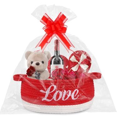 Imagem de JEROKUMI Cestas de Dia dos Namorados para presentes vazias com fitas laço e bolsa, cesta de corda tecida presente vermelho amor caixa decorativa vazia armazenamento para presentes com alças decoração