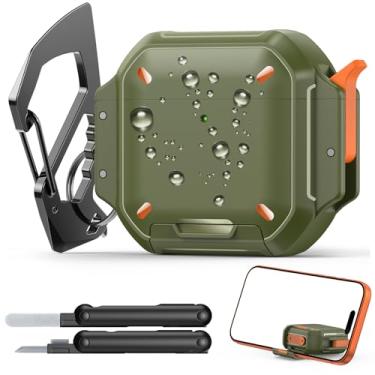 Imagem de MoKo Capa para AirPods 4ª com trava – IP68 à prova d'água e proteção de nível militar, capa rígida à prova de quedas, 4 capas com chaveiro, kit de limpeza e suporte de telefone, verde militar