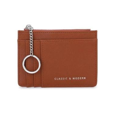 Imagem de Carteiras femininas pequenas e finas com bolso frontal marrom com zíper, grande capacidade, 3 cartões de crédito com chaveiro