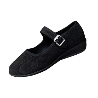Imagem de Sapatos femininos de salto baixo com fivela oca de pano, salto cunha, sapatilha, sapatos casuais, confortáveis, sem cadarço para mulheres, Preto, 36