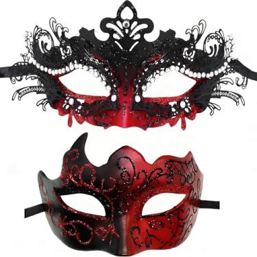 Imagem de Derlinvine Couples' Masquerade Masks,Venice Painted Masks Halloween Parties Metal Plastic Lace Carnival Goggles - Red And Black