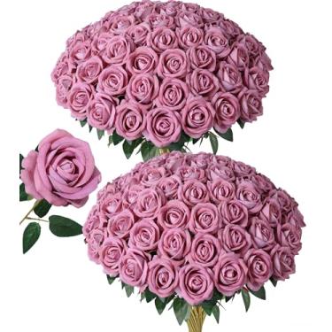 Imagem de 50 peças de flores artificiais de rosas empoeiradas, rosas falsas com caule, rosas de seda realistas para buquês de casamento, mesas de centro de mesa, arranjos de chá de bebê, aniversário, decoração