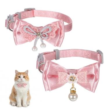 Imagem de Yuomeaz 2 coleiras de gato com laço para meninas, coleira ajustável rosa com pingente, coleira de gatinho com laço fofo, coleiras de gatos fêmeas separáveis