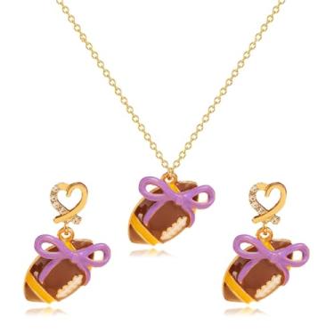 Imagem de RLHRNDE Conjunto de brincos de colar de futebol para mulheres moda ouro amor coração colorido brincos de laço dia de jogo ajustável corrente de futebol esporte jogo equipe fã joias presente, moderate