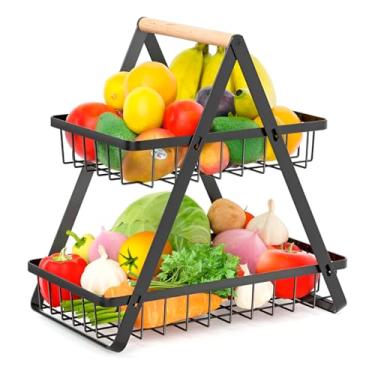Imagem de Fruteira De Mesa 2 Andares Cesto De Frutas Legumes Multiuso Organizador Metal (Preto)