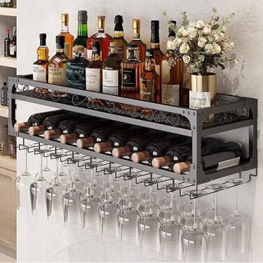 Imagem de Rack de vinho montado na parede com suporte de vidro, prateleira de garrafa de vinho de metal, organizador de garrafas de vinho, rack de taça suspenso, rack de exibição multifuncional de armazenamento