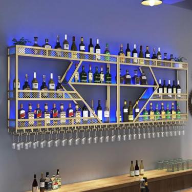 Imagem de Prateleira de vinho de metal montada na parede, prateleiras flutuantes de unidade de bar com luz LED, prateleira de armazenamento multifuncional para exibição de garrafa de vinho, prateleira de