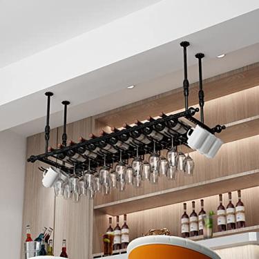 Imagem de Rack de pendurar para copo de vinho, prateleira de vinho industrial ajustável para parede, prateleira de vidro champanhe, moldura decorativa de teto, decoração de bar 80/100 cm (cor: preto, tamanho
