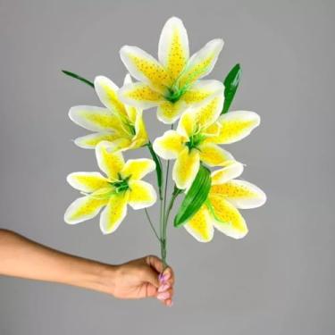 Imagem de Buquê de Lírios Artificiais – Kit Econômico – Flores Decorativas em Seda para Casa, Eventos e Vitrines (Amarelo,Kit com 4 unidades)
