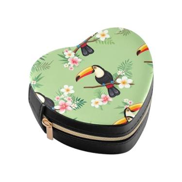 Imagem de Burbuja Tucanos sentados em ramos caixa de joias em forma de coração, mini estojo de joias de viagem para mulheres e meninas, organizador portátil de armazenamento para brincos, anéis, colares e