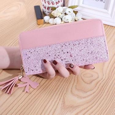 Imagem de Carteira feminina com vários cartões, porta-cartões, bolsa feminina com glitter, borla e alça de pulso, rosa, Minimalista