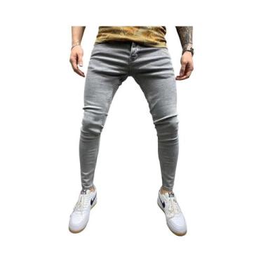 Imagem de Calça Jeans Masculina Slim Fit Rasgada De Cintura Alta Estilo Hip-Hop 