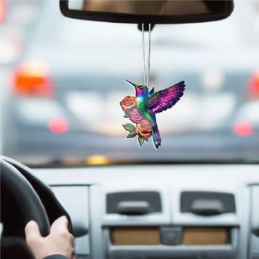 Imagem de Lindo enfeite para pendurar carro beija-flor, pingente de espelho retrovisor de carro plano 2D, acessórios de pingente de interior automotivo para janela, mochila, chaveiro, árvore de Natal, presente